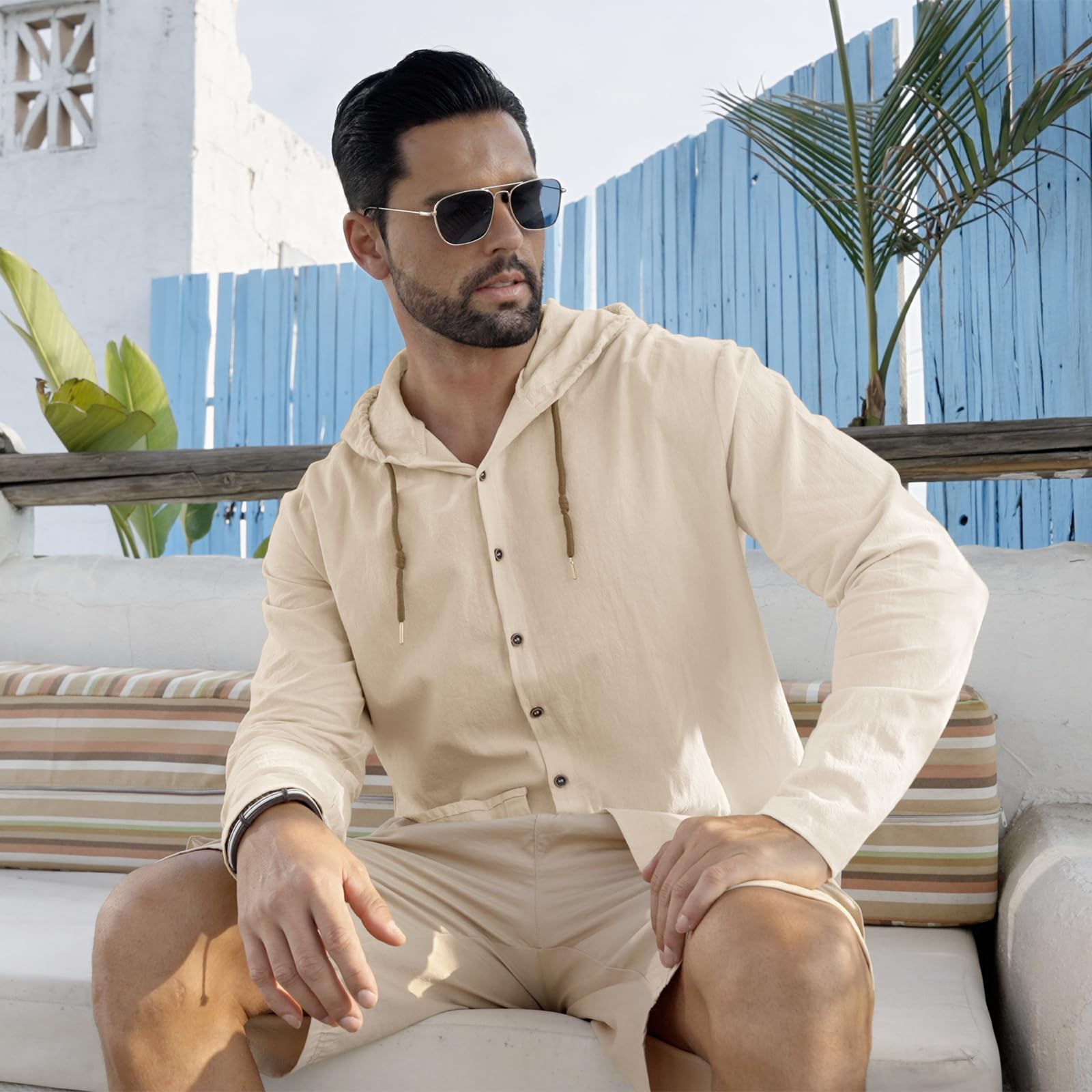 Men Cotton Linen Long Sleeve Button Down Shirt Summer Casual Hawaiian Beach Tops Lightweight Fashion Hoodies - Image 3