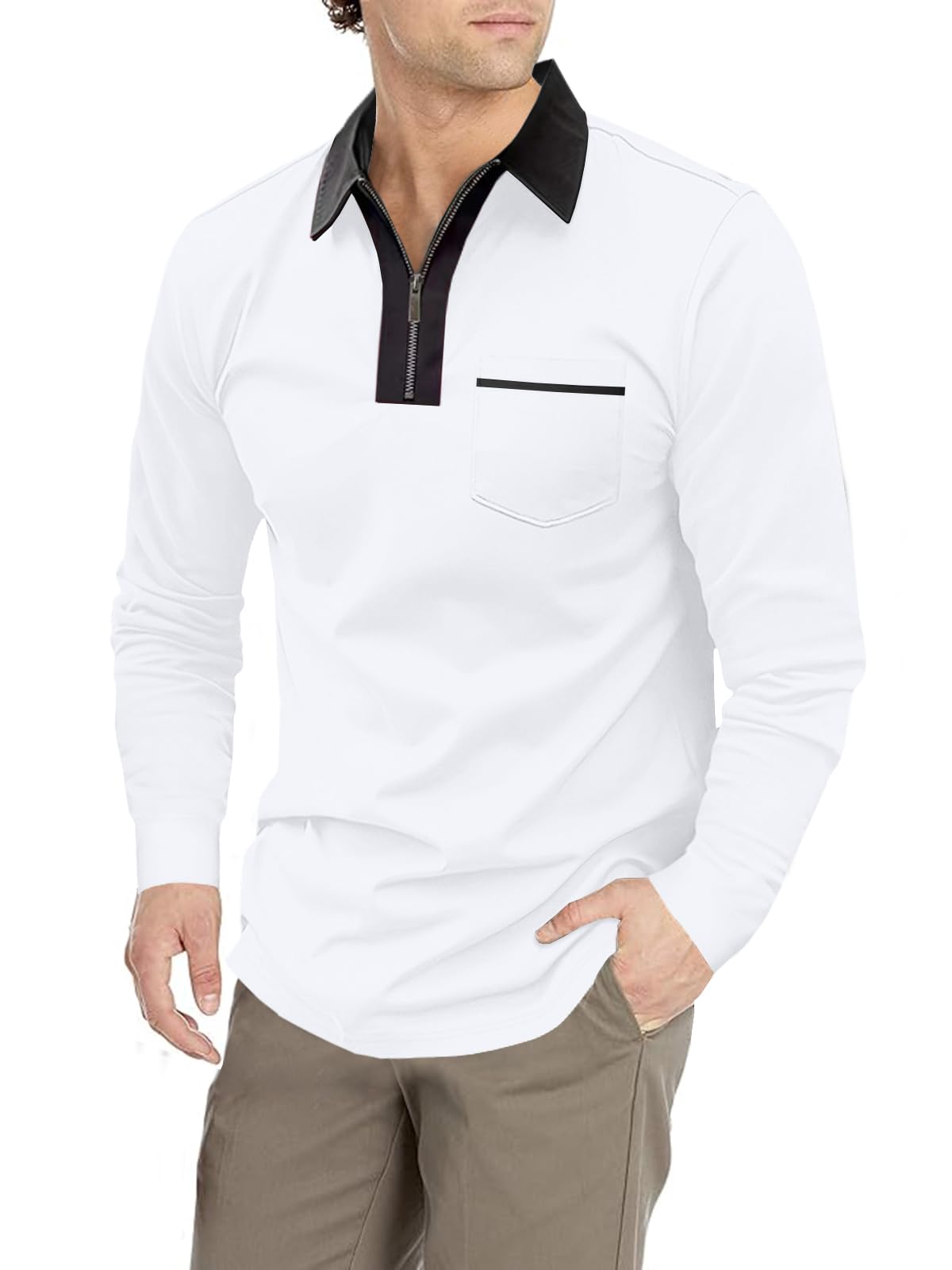 TRFIC Men's Long Sleeve Polo Shirt Casual Zip Polo Shirt Classic Collared Golf Shirt with Pocket - Image 3