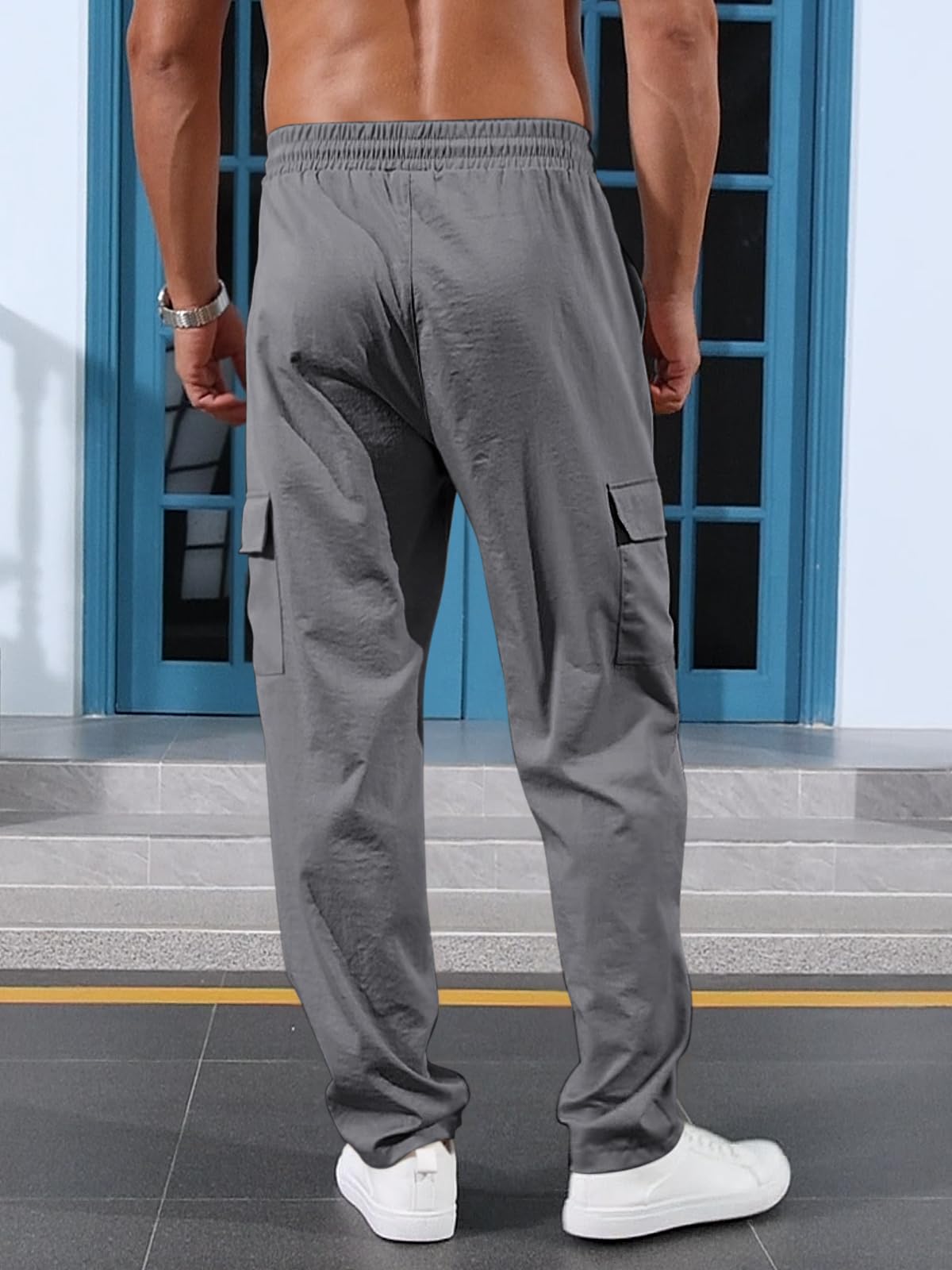 TRFIC Mens Casual Cargo Pants Summer Vacation Lightweight Drawstring Pants Elastic Waist Beach Yoga Trousers with Pockets - Image 4