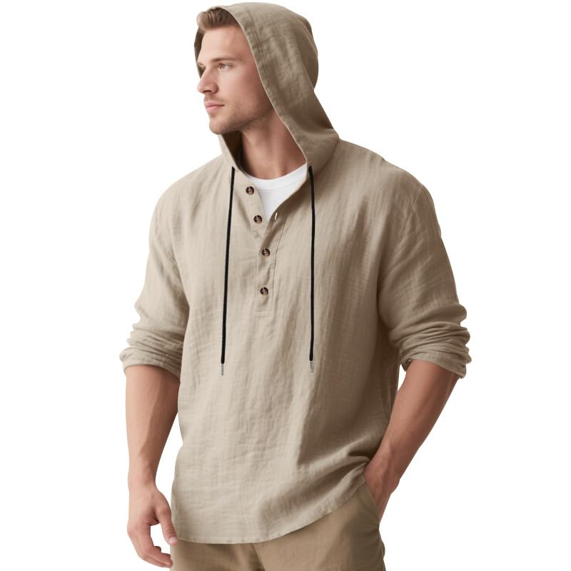 TRFIC Mens Cotton Linen Hoodies Long Sleeve Button Down Shirts Casual Hawaiian Beach Yoga Sweatshirts - Image 3