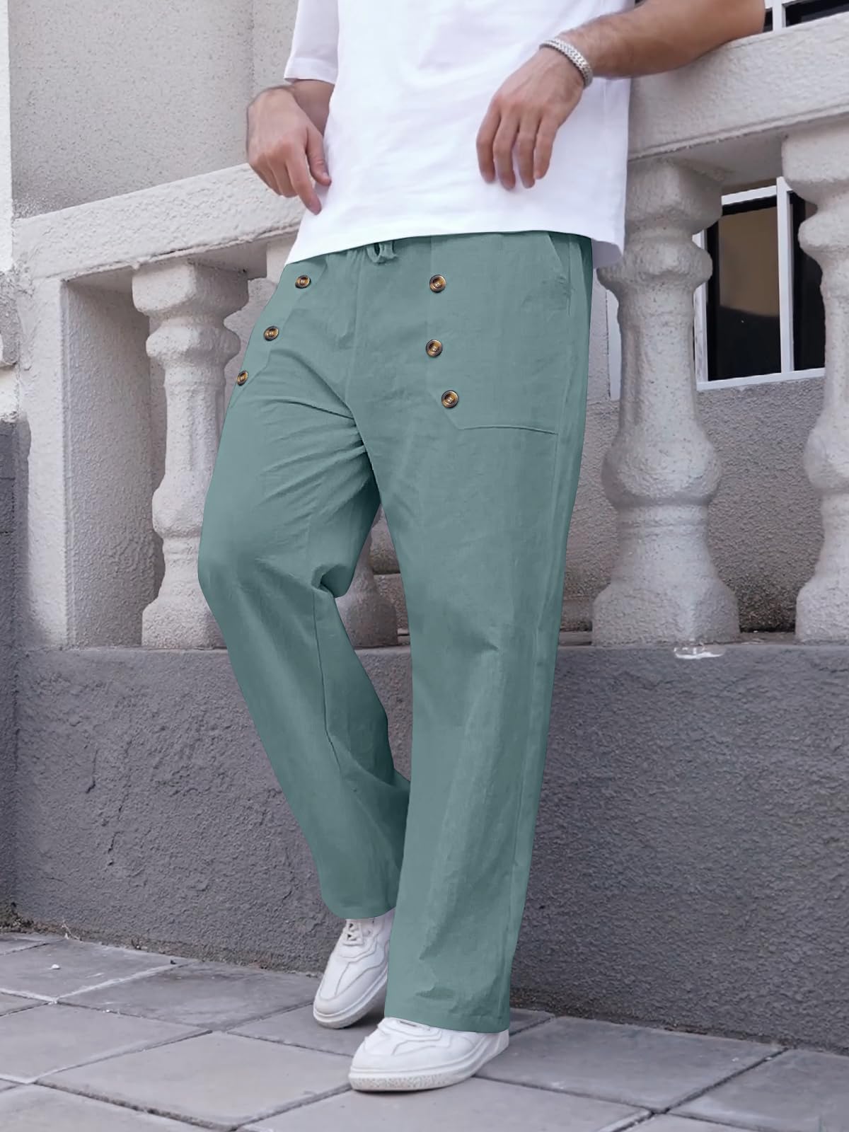 TRFIC Mens Cotton Linen Pants Casual Summer Vacation Baggy Beach Pants Buttoned Drawstring Yoga Trousers with Pockets - Image 3