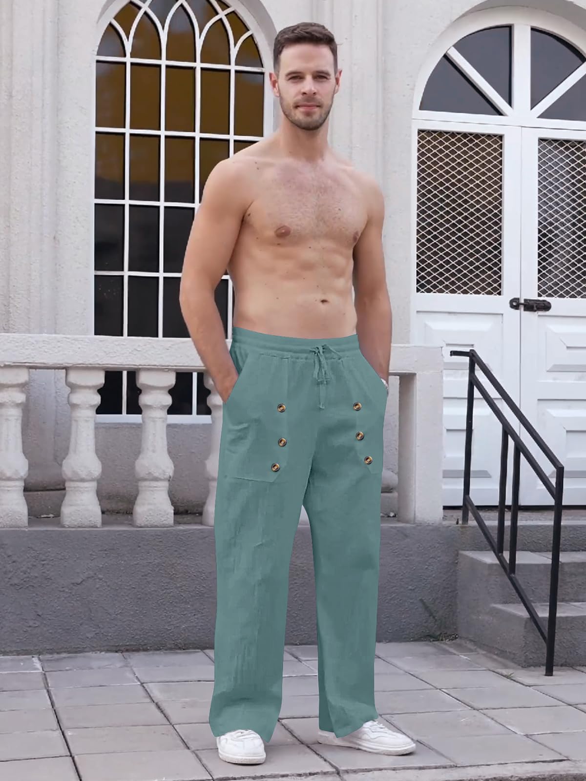 TRFIC Mens Cotton Linen Pants Casual Summer Vacation Baggy Beach Pants Buttoned Drawstring Yoga Trousers with Pockets - Image 4