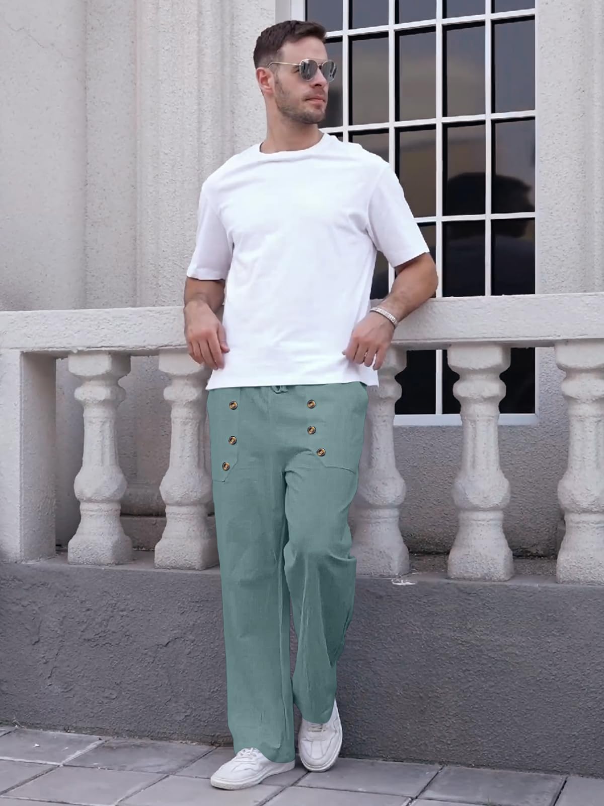 TRFIC Mens Cotton Linen Pants Casual Summer Vacation Baggy Beach Pants Buttoned Drawstring Yoga Trousers with Pockets - Image 5