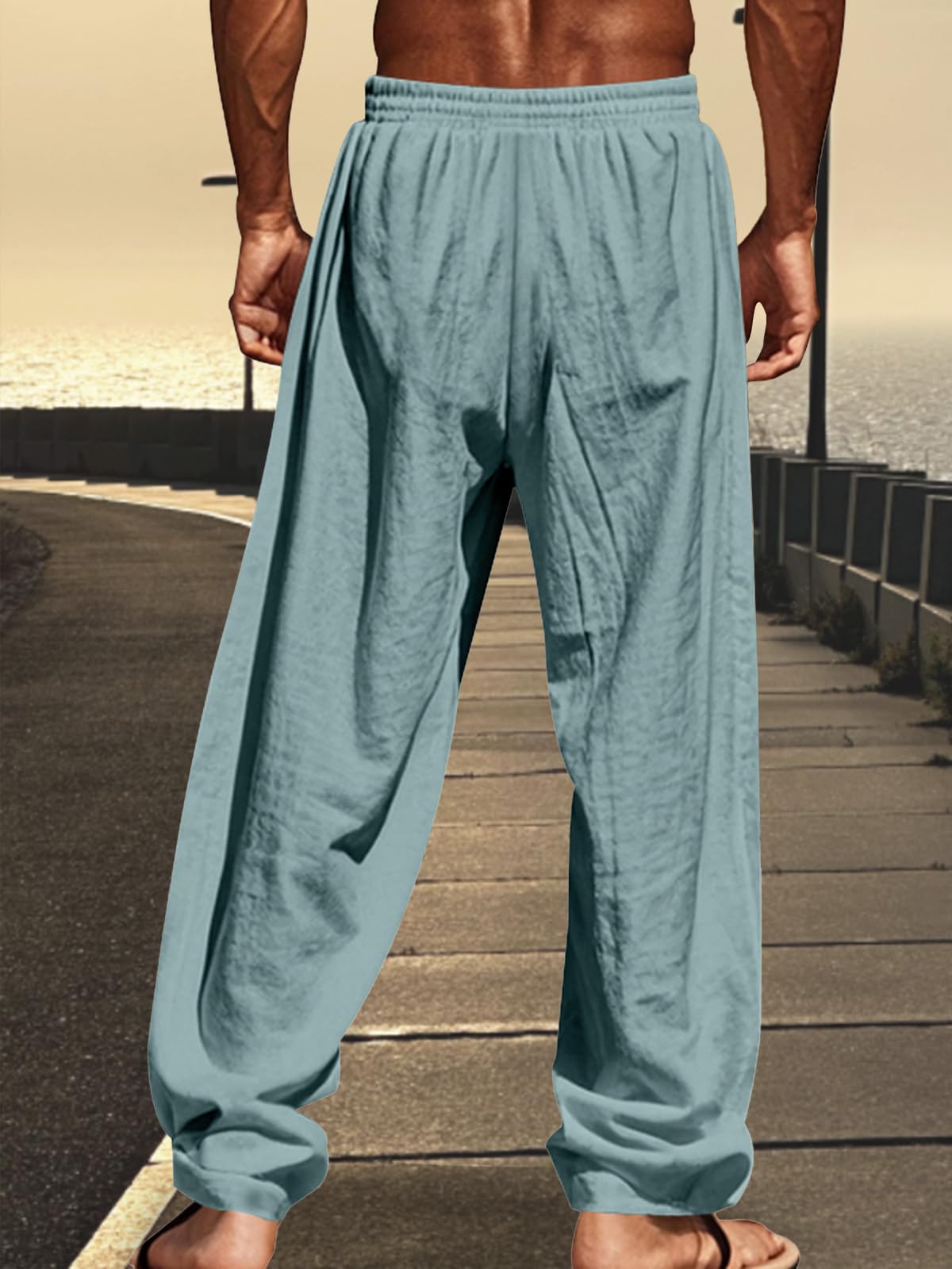TRFIC Mens Cotton Linen Pants Casual Summer Vacation Baggy Beach Pants Buttoned Drawstring Yoga Trousers with Pockets - Image 8