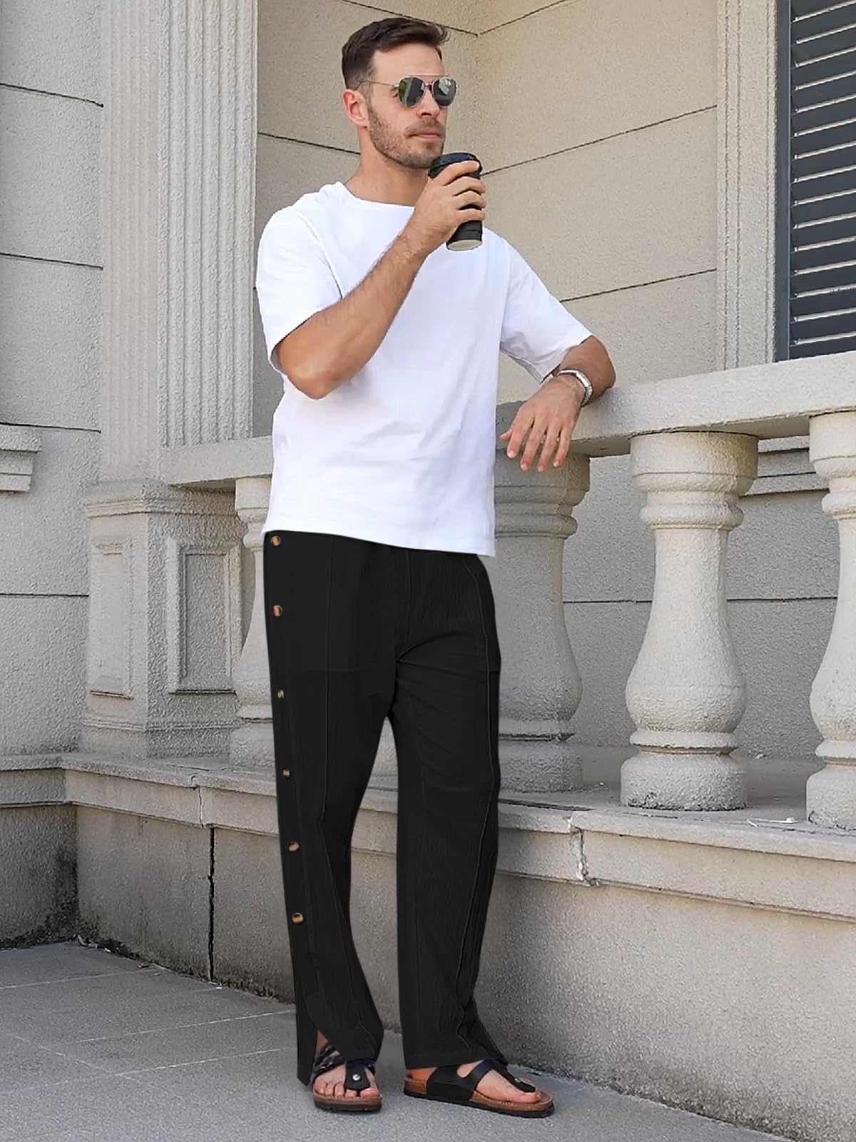 TRFIC Mens Linen Pants Summer Casual Button Straight Beach Pants Baggy Elastic Waist Drawstring Yoga Trousers with Pockets - Image 5