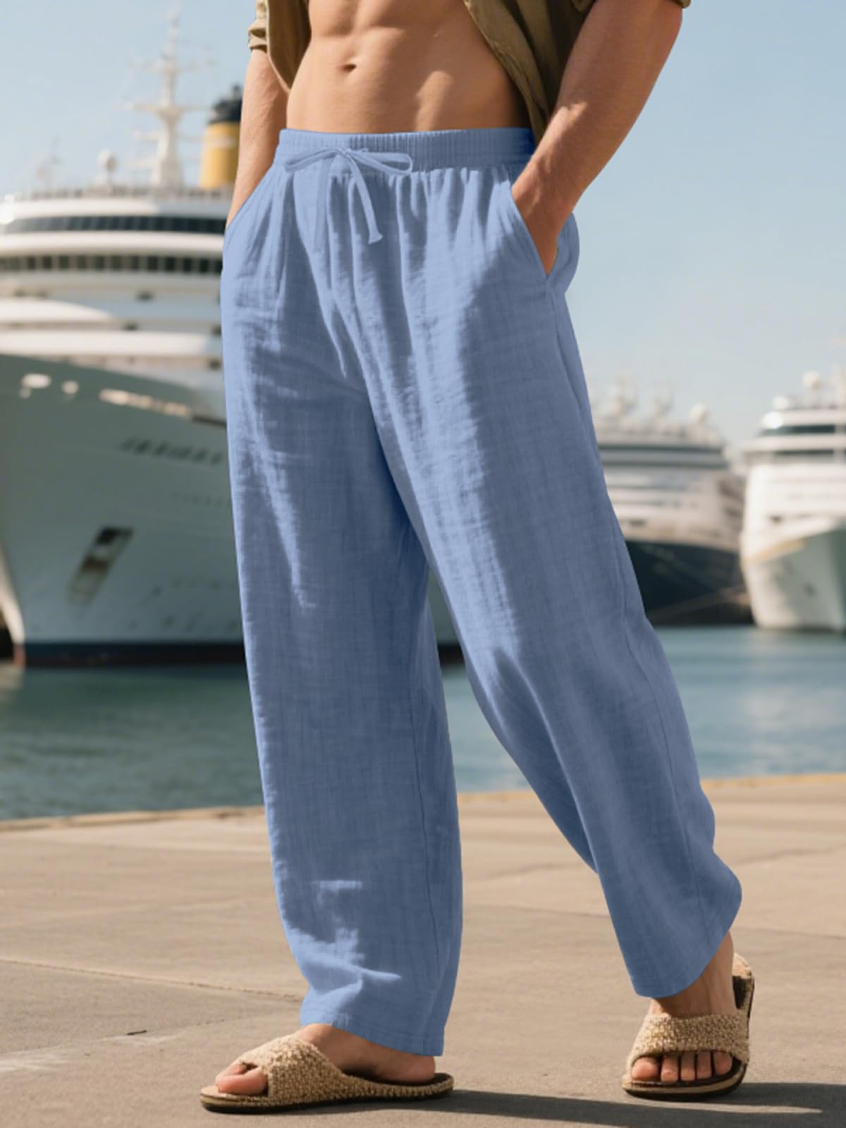 TRFIC Mens Linen Pants Yoga Beach Loose Fit Casual Summer Elastic Waist Drawstring Baggy Trousers with Pockets - Image 4