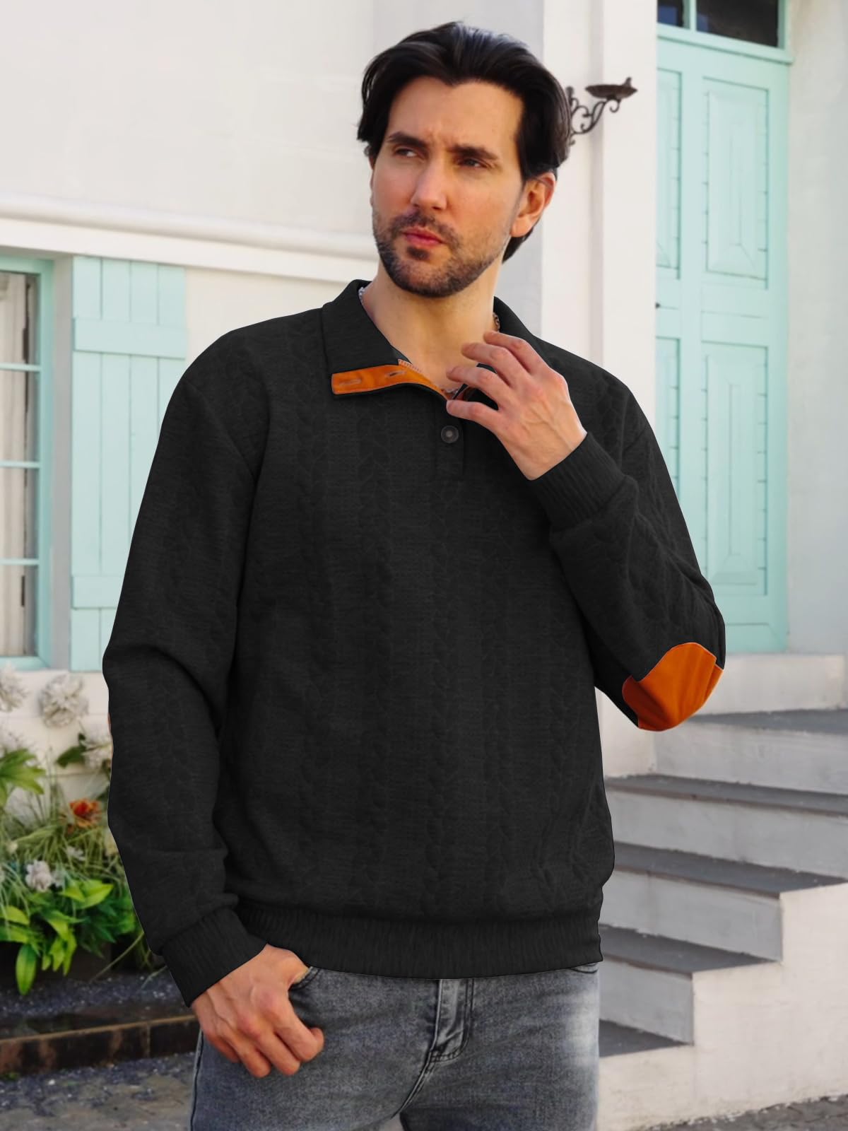 TRFIC Mens Quarter Button Pullover Quilted Sweatshirt Knit Long Sleeve Mock Neck Sweater Polo - Image 3