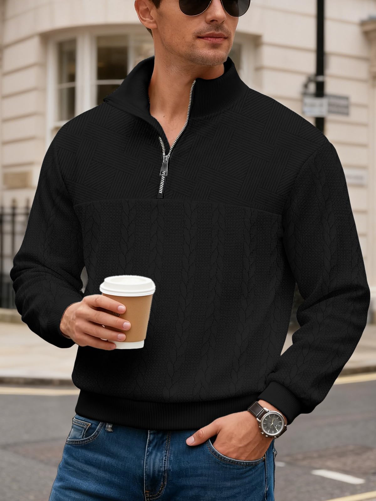TRFIC Mens Quarter Zip Sweater Men Quilted Sweatshirt Pullover Knit Long Sleeve Mock Neck Sweatshirt - Image 3