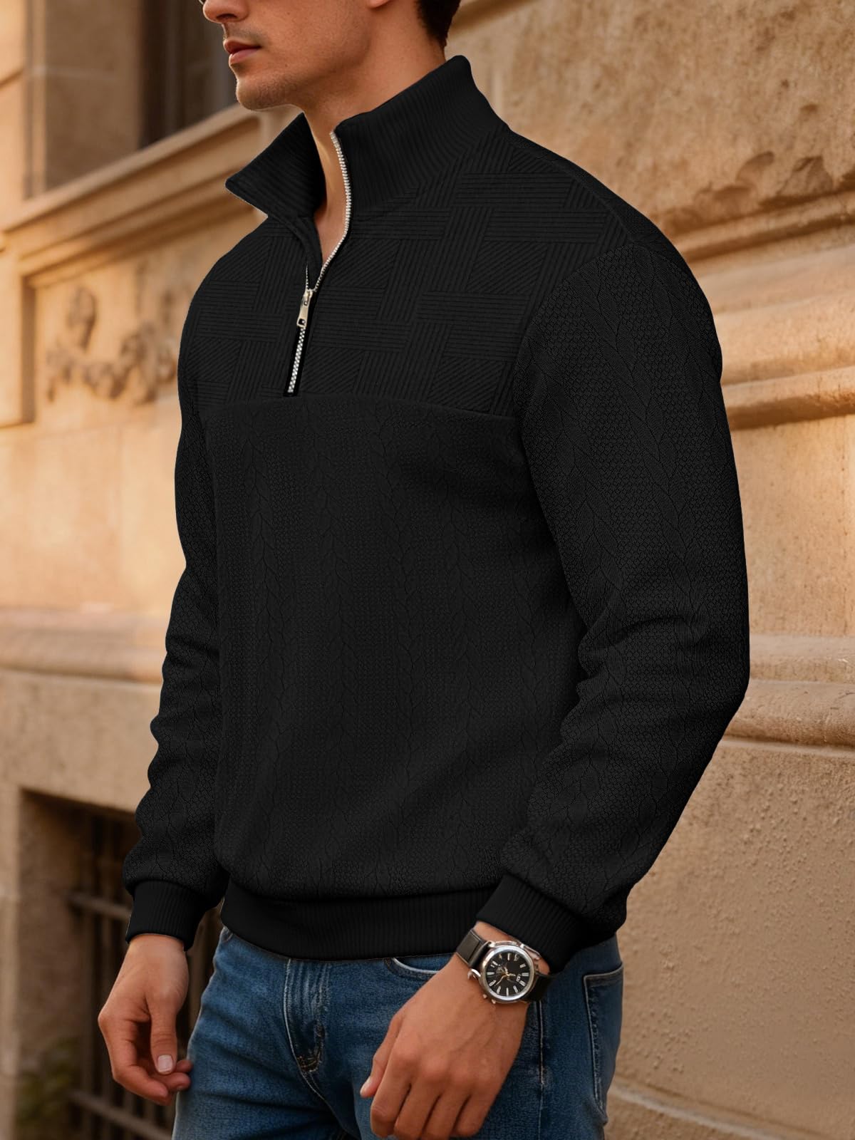 TRFIC Mens Quarter Zip Sweater Men Quilted Sweatshirt Pullover Knit Long Sleeve Mock Neck Sweatshirt - Image 4