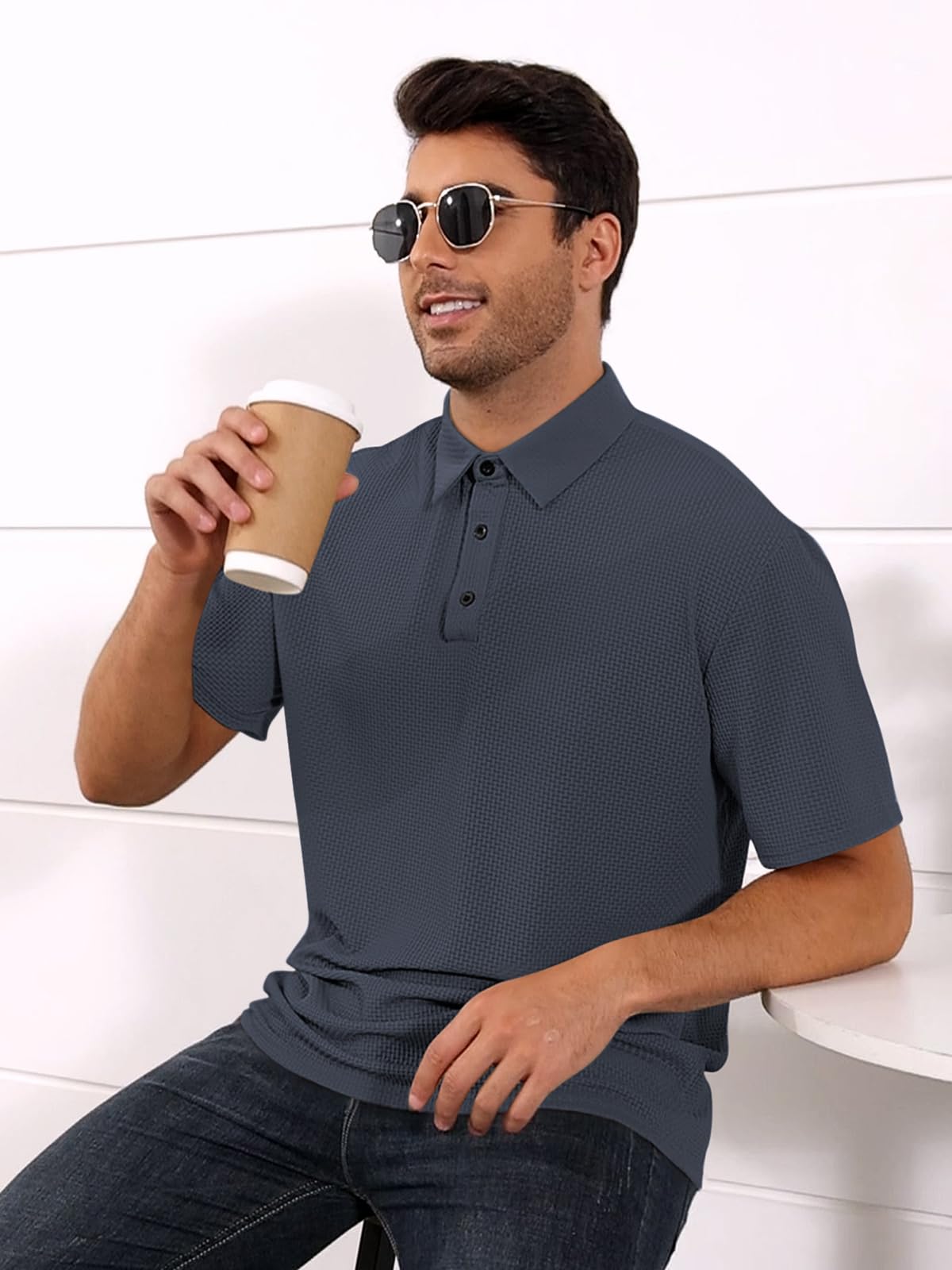 TRFIC Mens Textured Knit Polo Shirts Regular Fit Stretchy Golf Shirts - Image 3