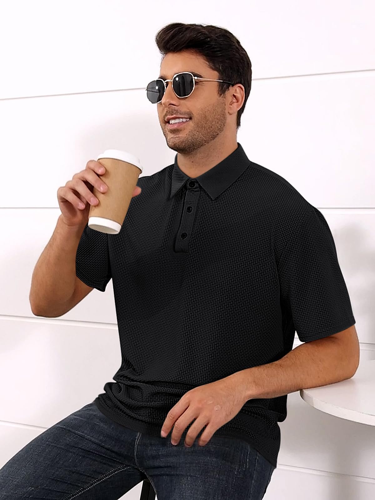 TRFIC Mens Textured Knit Polo Shirts Regular Fit Stretchy Golf Shirts - Image 3